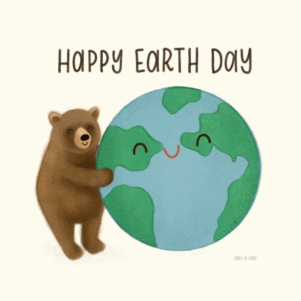 Illustration of a brown bear hugging Earth