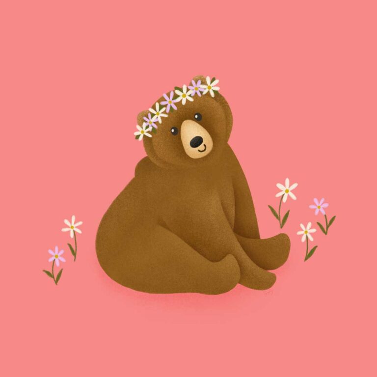 Illustration of a bear wearing a flower crown