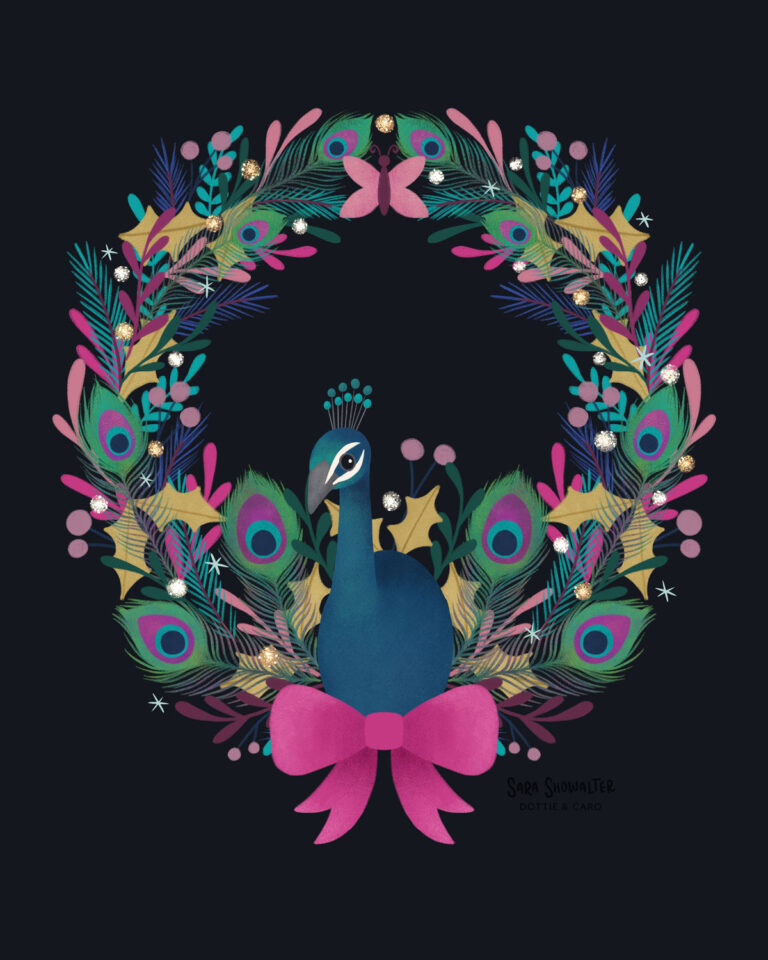 Illustration of a peacock inspired wreath