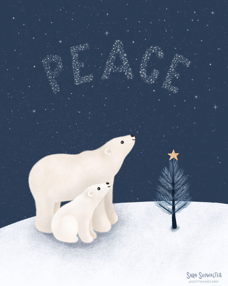 Illustration of two polar bears looking up at the sky. The word peace is written in stars.
