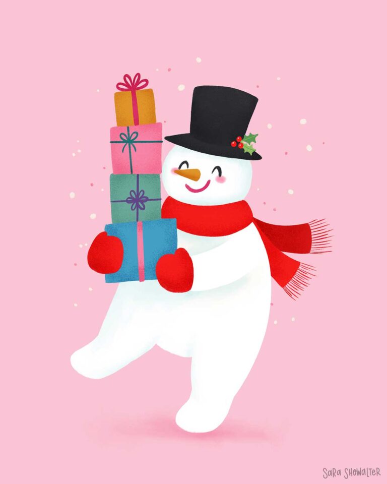 Illustration of a snowman holding a stack of presents