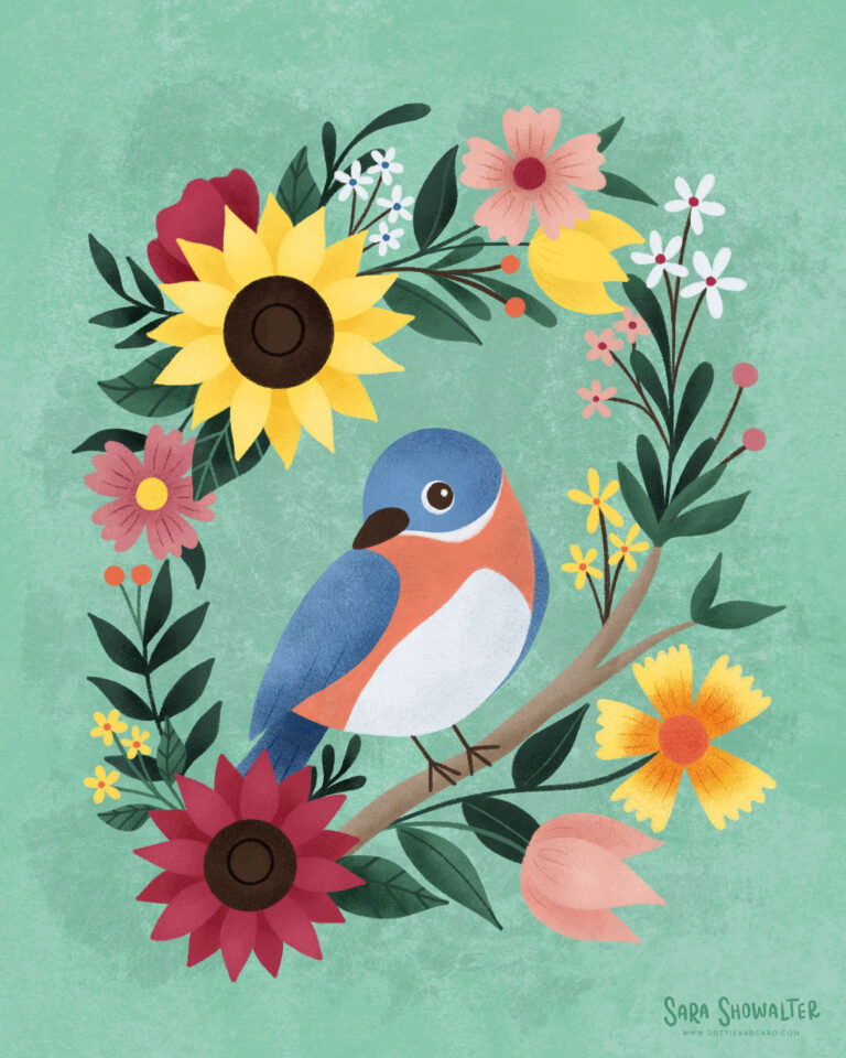 Illustration of a bluebird surrounded by flowers