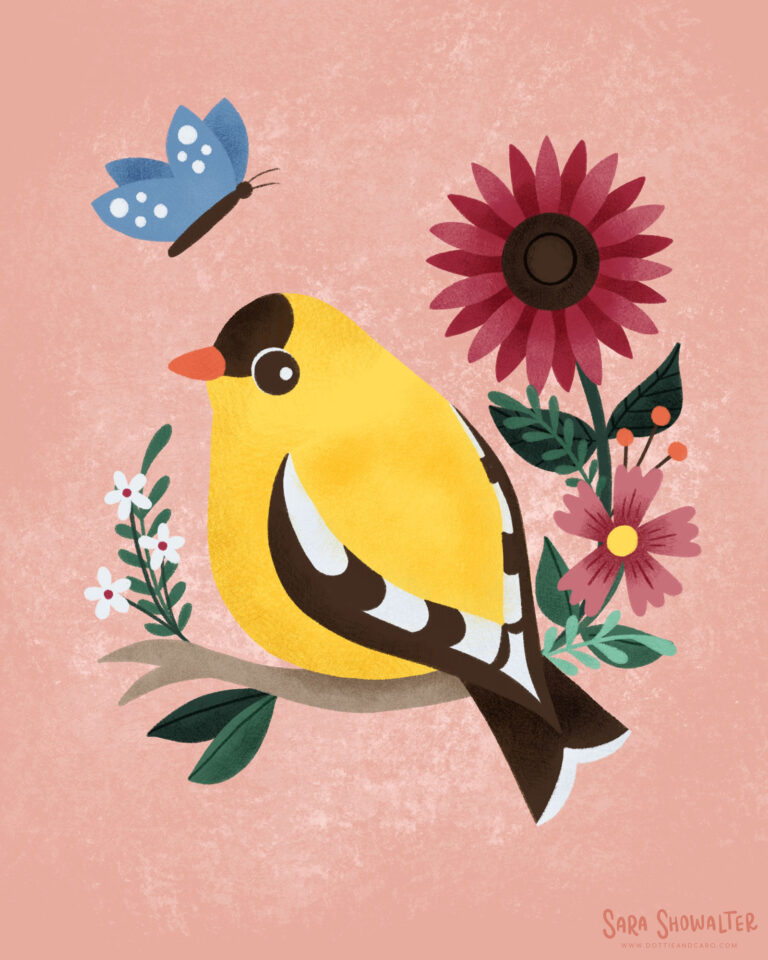 Illustration of a goldfinch surrounded by flowers and a butterfly
