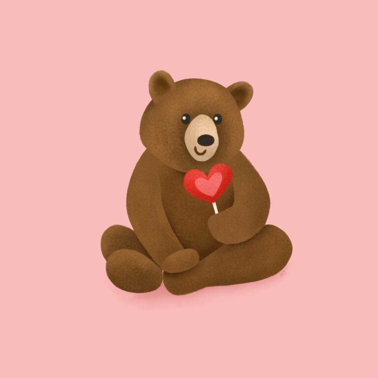 Illustration of a bear holding a heart shaped lollipop
