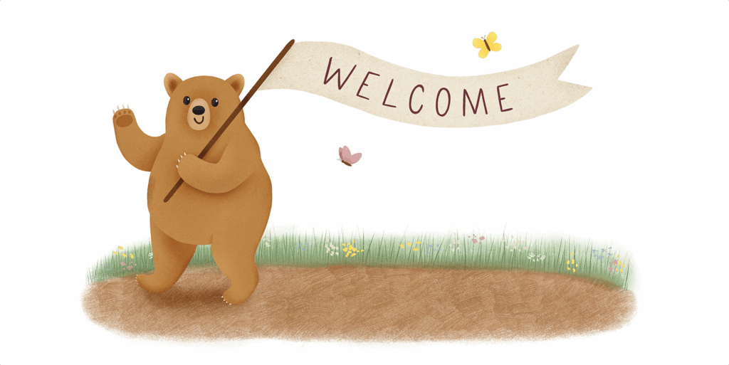 Illustration of a brown bear waving and holding a banner that says Welcome